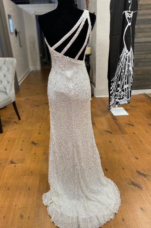 One Shoulder Ivory Sequined Long Party Dress