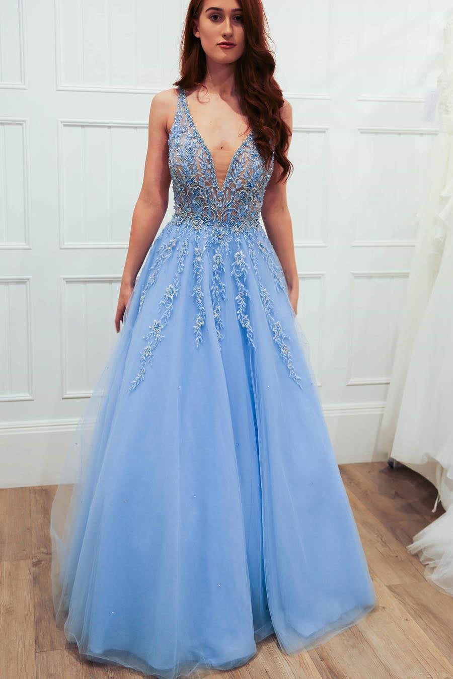 Elegant Ball Gown Illusion V Neck Sky Blue Long Prom Dress FancyVestido Elegant Ball Gown Illusion V Neck Sky Blue Long Prom Dress FancyVestido