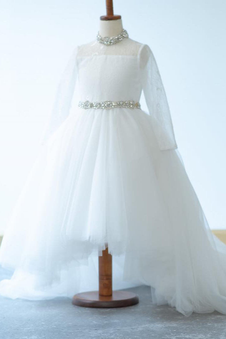 Long Sleeves Hi-Low White Flower Girl Dress with Crystals FancyVestido Long Sleeves Hi-Low White Flower Girl Dress with Crystals FancyVestido