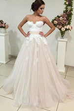 Long Sweetheart A-line Beige Wedding Dress with White Lace