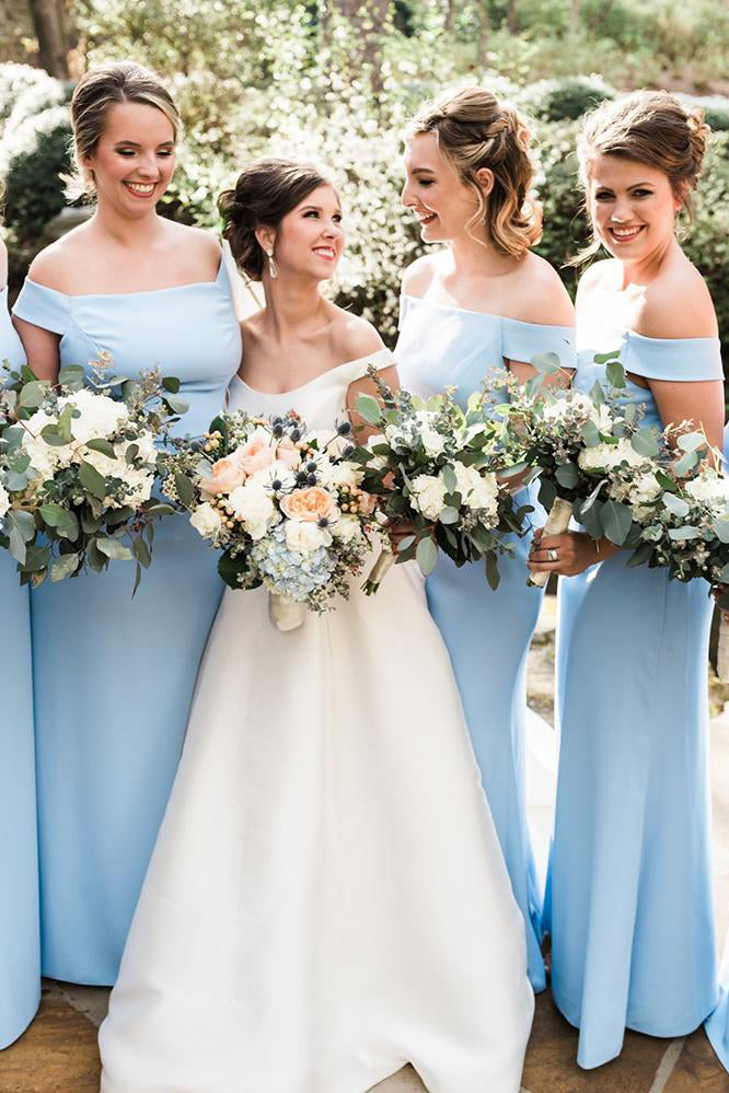 Sheath Off-Shoulder Light Blue Floor Length Bridesmaid Dress FancyVestido Sheath Off-Shoulder Light Blue Floor Length Bridesmaid Dress FancyVestido