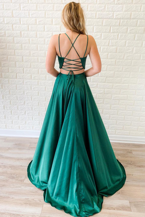 Two Piece Tie Back Emerald Green Long Prom Dress with Slit