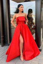 Modern Side Slit Long Red Prom Dress with Ribbon