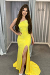 One Shoulder Yellow Beaded Long Prom Dress with Slit