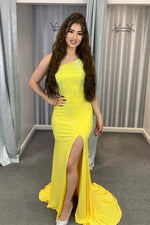One Shoulder Yellow Beaded Long Prom Dress with Slit