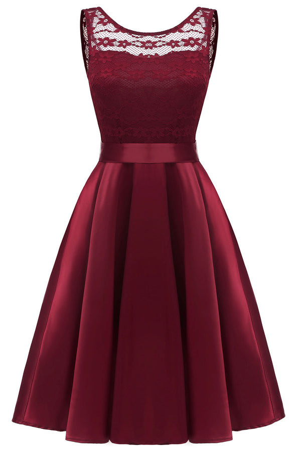 Illusion Neck Dark Navy Short Party Dress with Ribbon