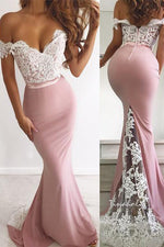 Off the Shoulder Pink Mermaid Evening Dress White Lace Appliques