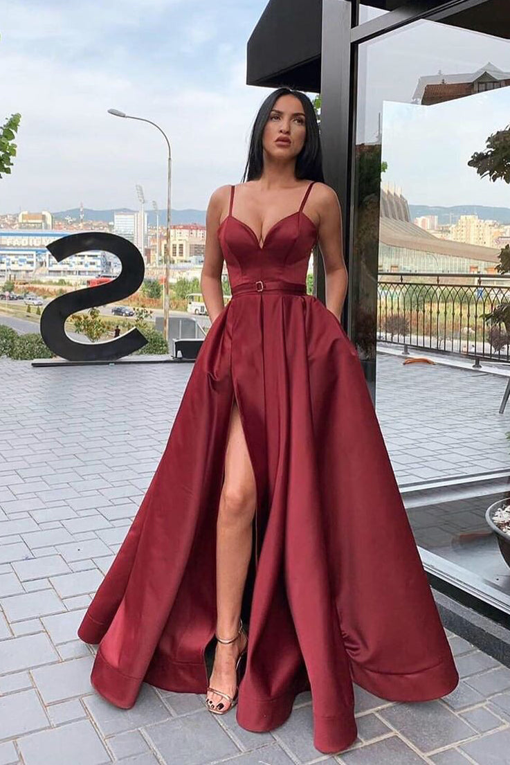 Straps A-Line Maroon Long Prom Dress with Slit