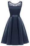 Illusion Neck Dark Navy Short Party Dress with Ribbon