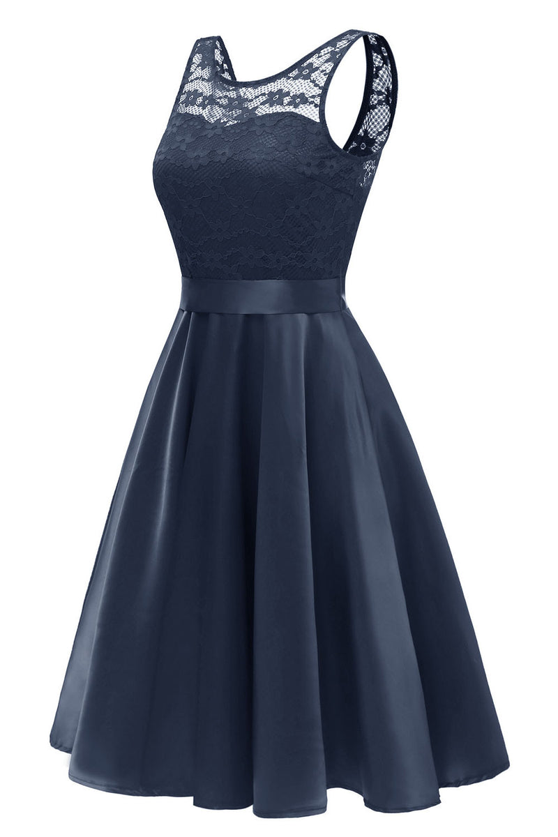 Illusion Neck Dark Navy Short Party Dress with Ribbon