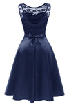 Illusion Neck Dark Navy Short Party Dress with Ribbon