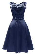 Illusion Neck Dark Navy Short Party Dress with Ribbon