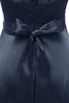 Illusion Neck Dark Navy Short Party Dress with Ribbon