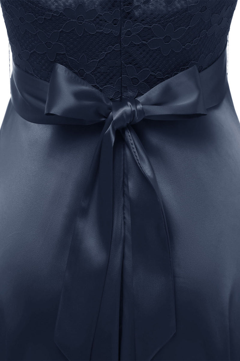 Illusion Neck Dark Navy Short Party Dress with Ribbon