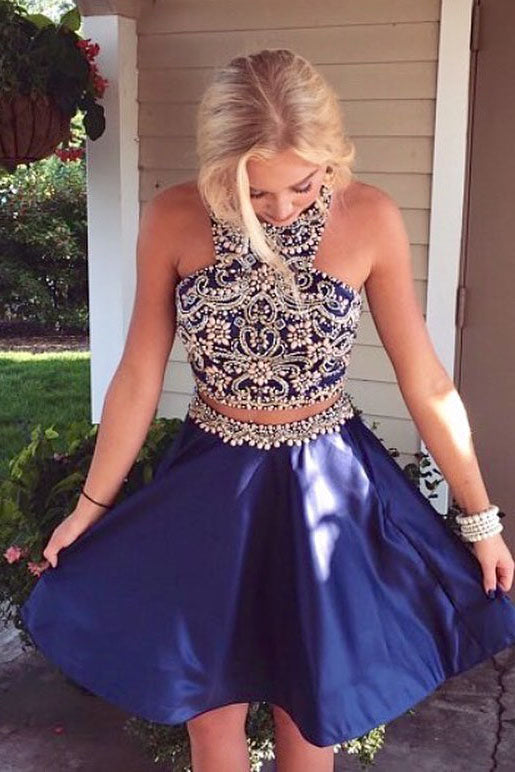 Hollow Out Two Piece Beading Royal Blue Homecoming Dress