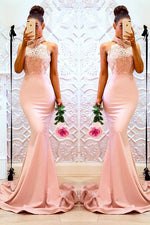 Mermaid High Neck Appliques Long Pink Bridesmaid Dress