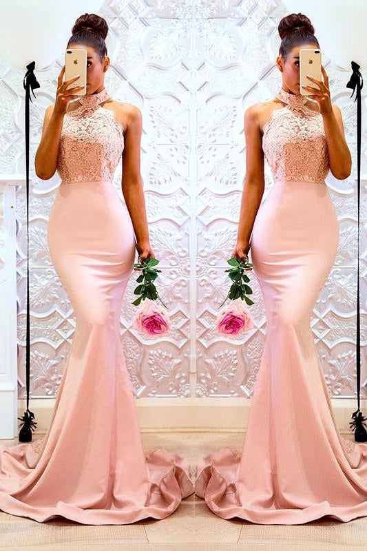 Mermaid High Neck Appliques Long Pink Bridesmaid Dress FancyVestido Mermaid High Neck Appliques Long Pink Bridesmaid Dress FancyVestido