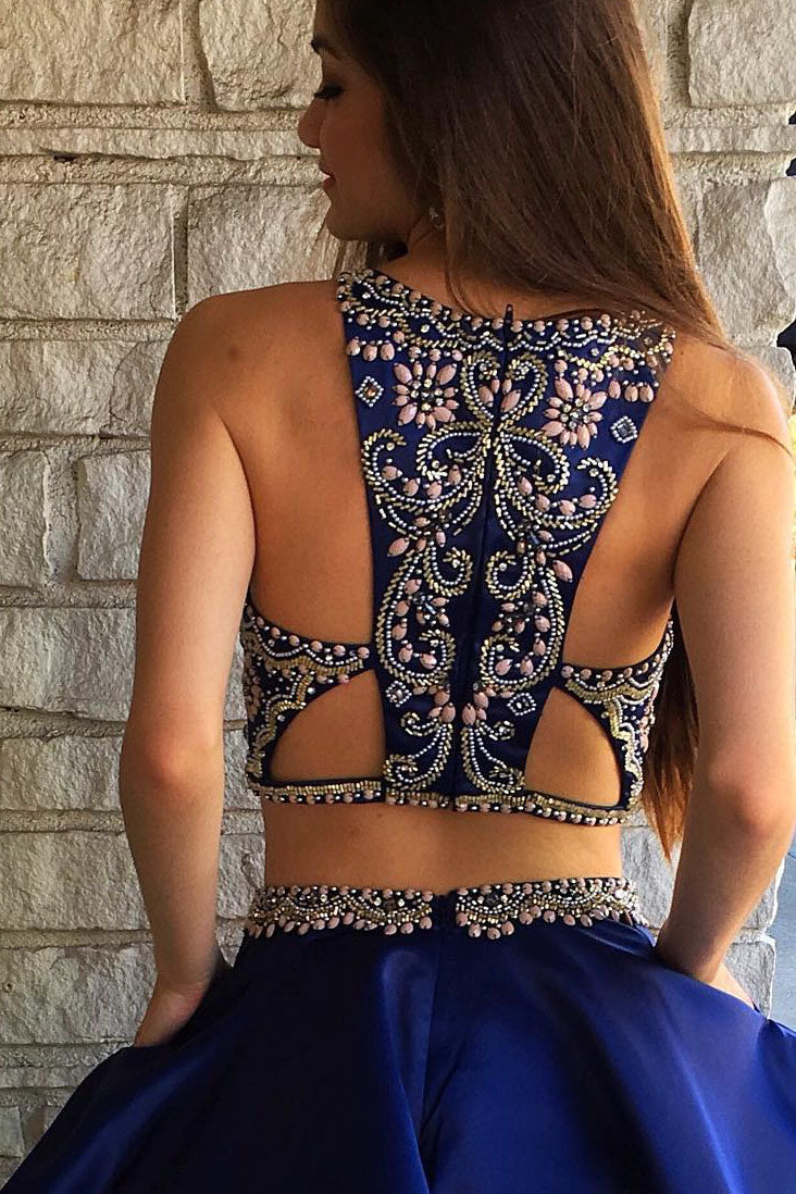 Hollow Out Two Piece Beading Royal Blue Homecoming Dress