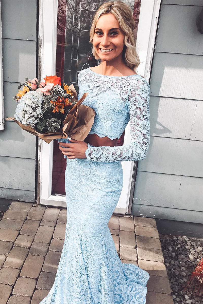 Two Piece Mermaid Lace Sky Blue Prom Dress with Long Sleeves