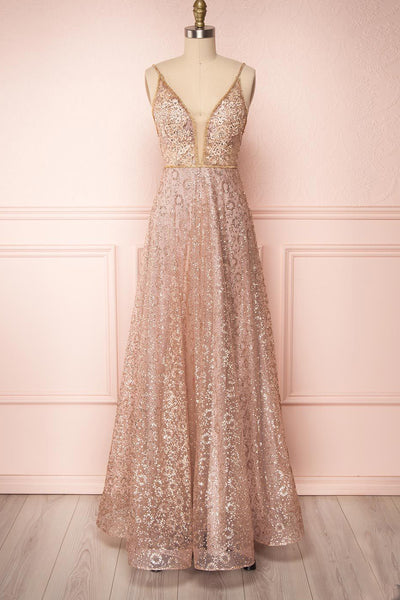 Sparkly Illusion V Neck Rose Gold Long Prom Dress