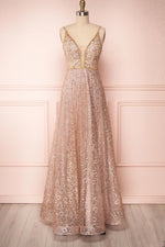 Sparkly Illusion V Neck Rose Gold Long Prom Dress
