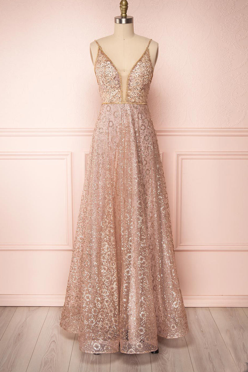 Sparkly Illusion V Neck Rose Gold Long Prom Dress