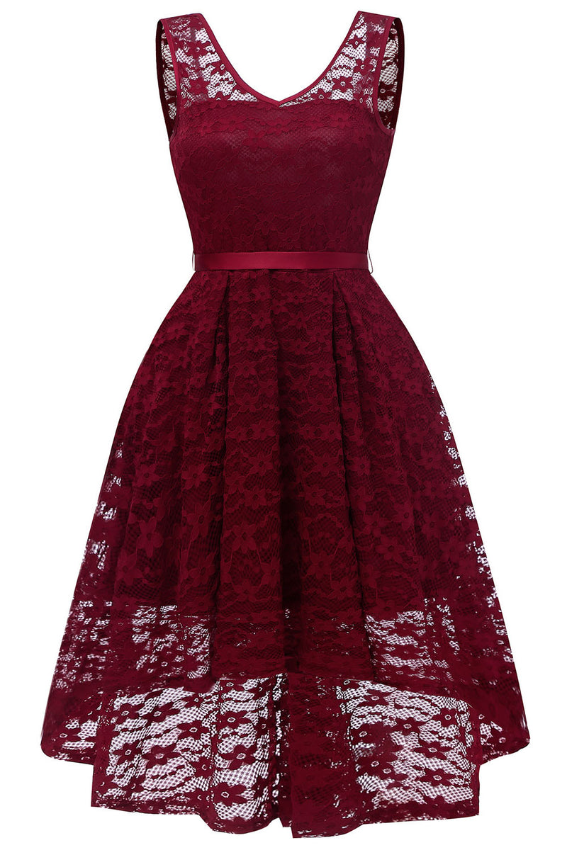 V-Neck Hi-Low Burgundy Party Dress with Ribbon