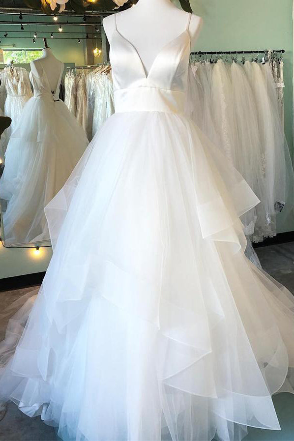 Long Spaghetti Strap A-line White Bridal Dress with Ruffles – FancyVestido