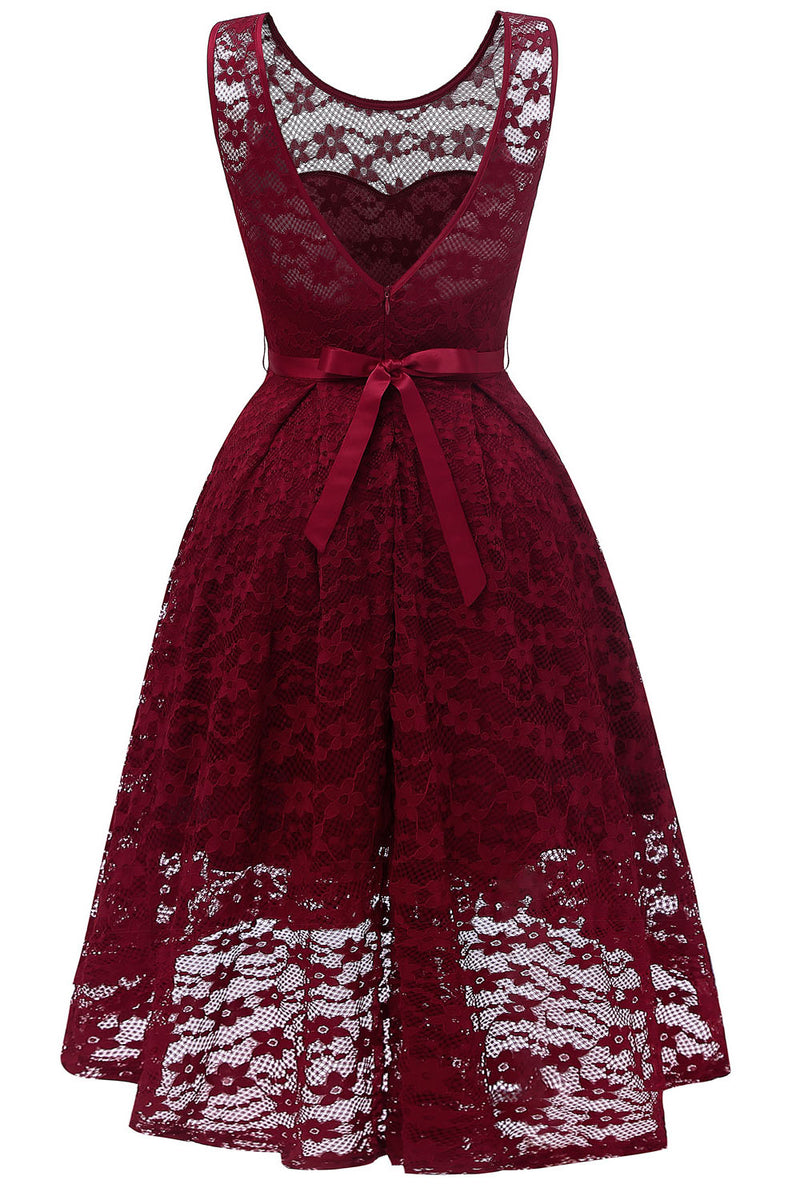 V-Neck Hi-Low Burgundy Party Dress with Ribbon