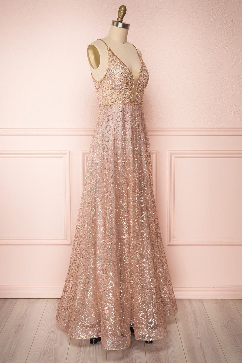 Sparkly Illusion V Neck Rose Gold Long Prom Dress