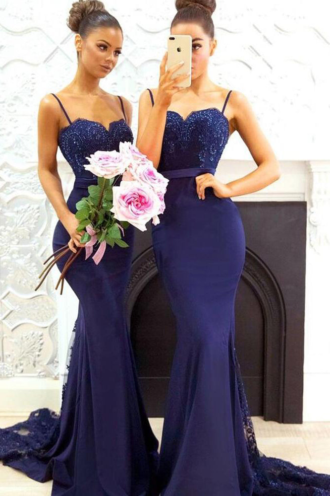 Spaghetti Strap Navy Blue Mermaid Bridesmaid Dress with Lace