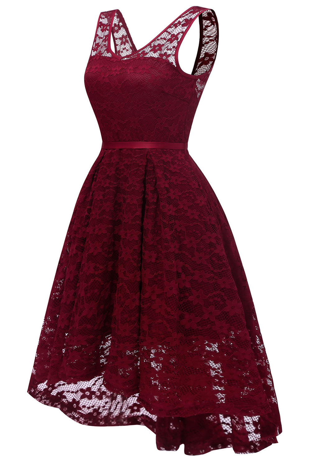 V-Neck Hi-Low Burgundy Party Dress with Ribbon