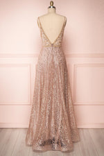 Sparkly Illusion V Neck Rose Gold Long Prom Dress