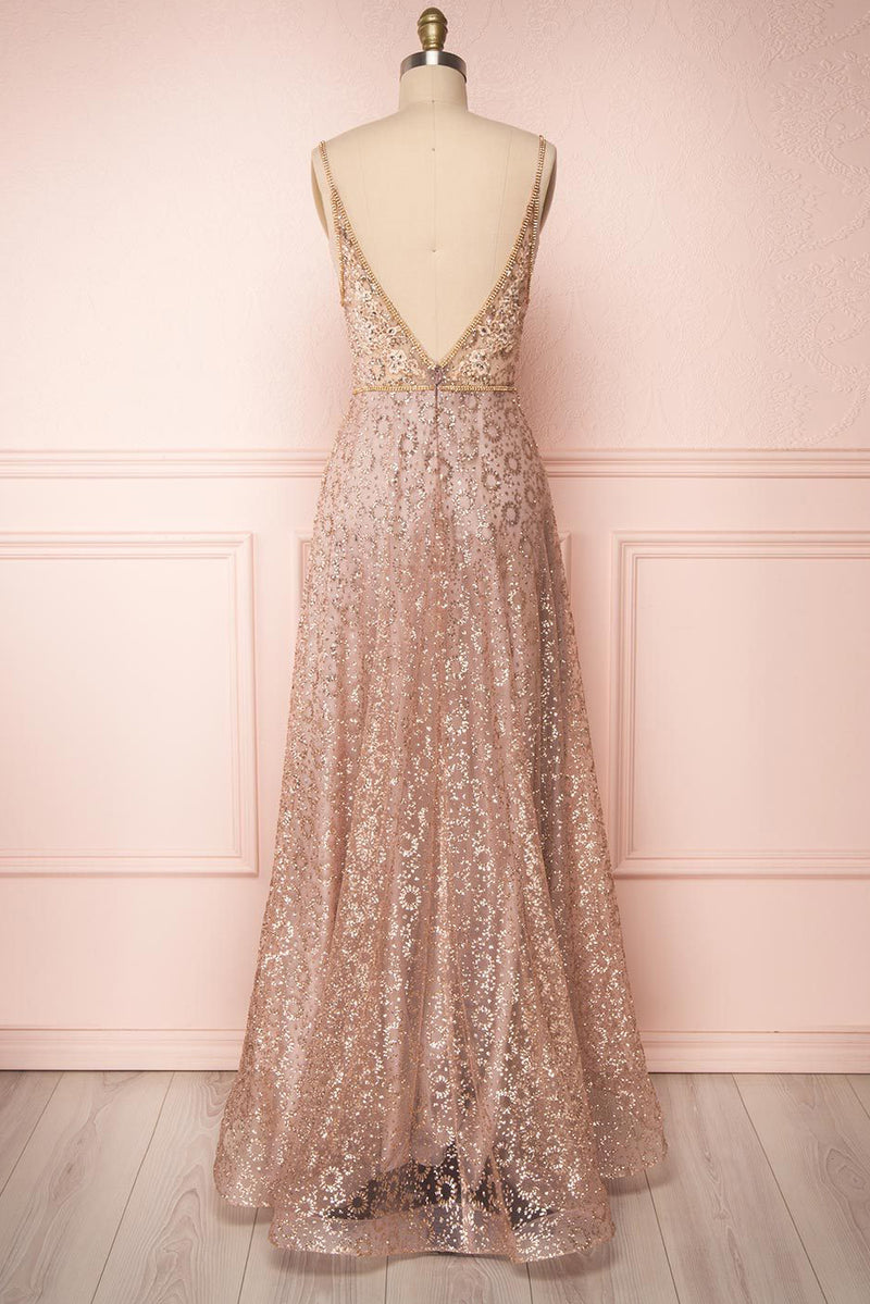 Sparkly Illusion V Neck Rose Gold Long Prom Dress