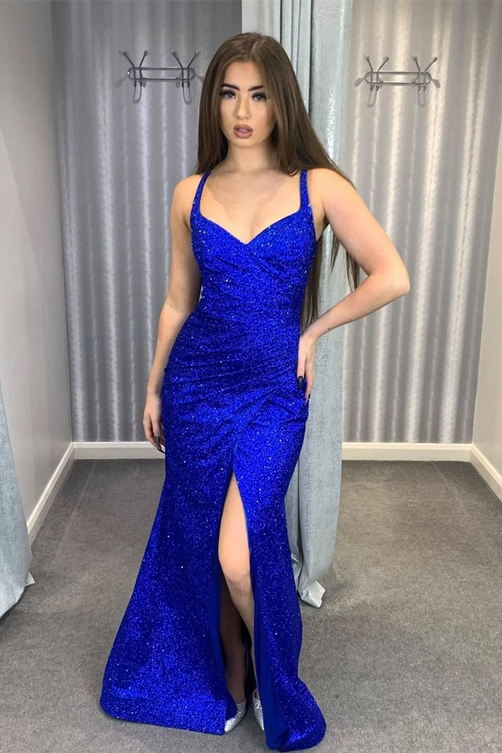 Glitter High Slit Long Prom Dress with Straps