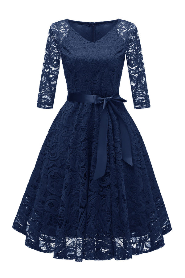 Long Sleeves Bow Short Pink Party Dress with Lace