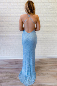 V-Neck Backless Sequin Mermaid Long Party Prom Dress