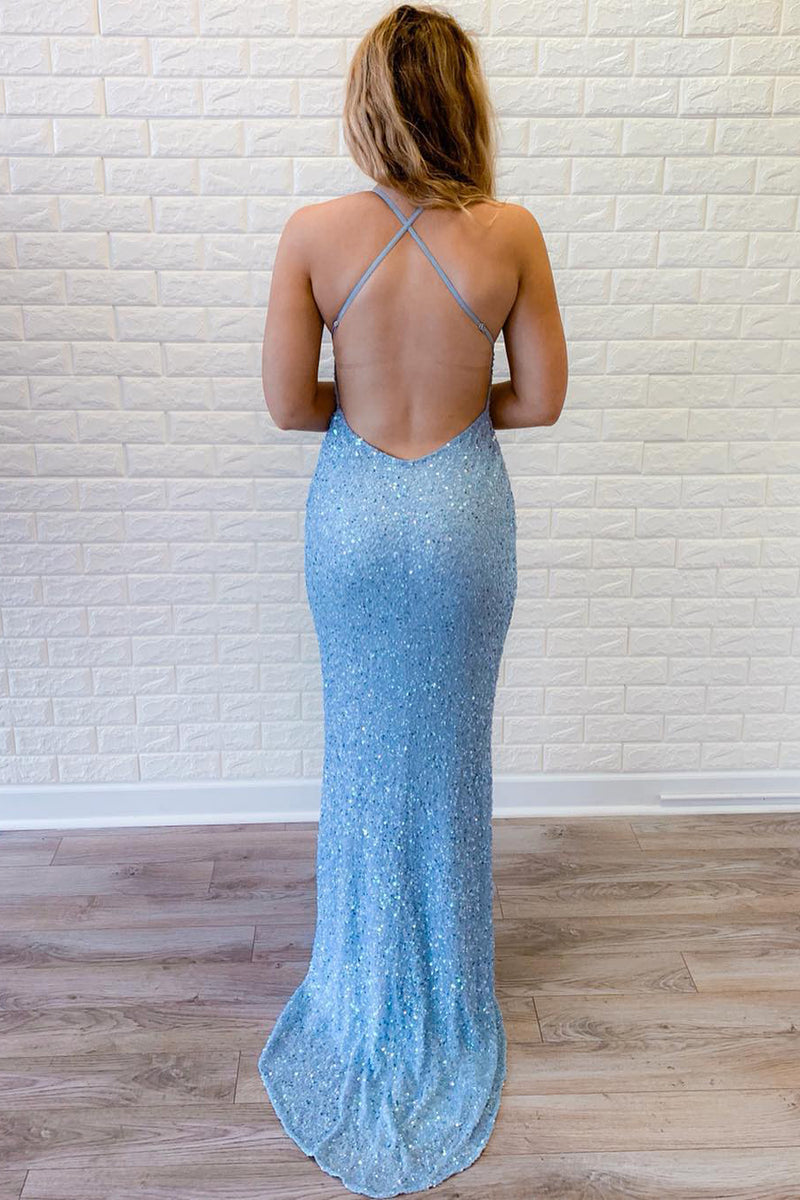 Royal Blue Sequin Mermaid Long Prom Dress with Open Back