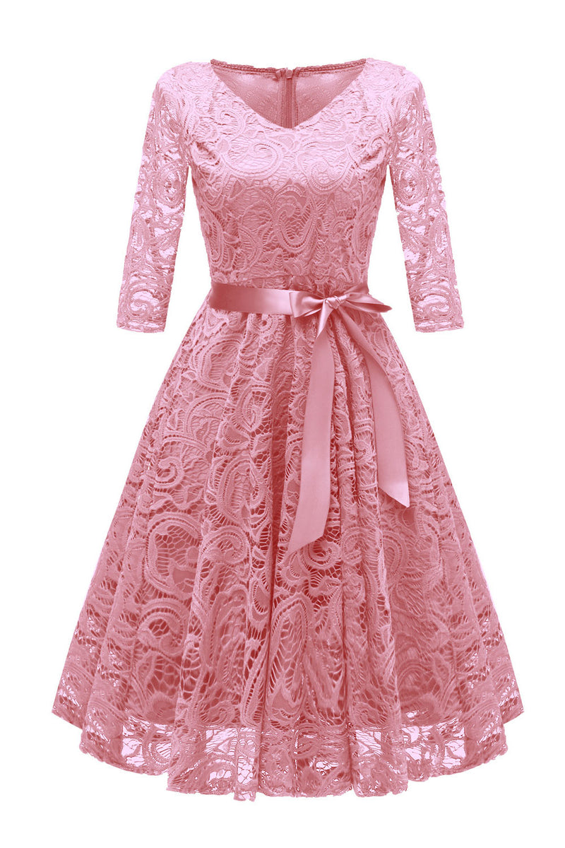 Long Sleeves Bow Short Pink Party Dress with Lace