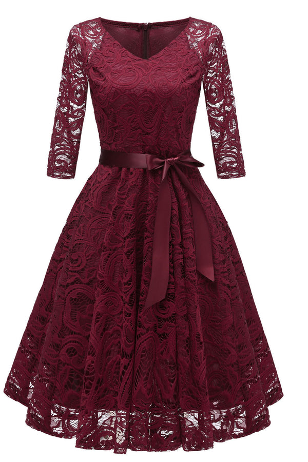 Long Sleeves Bow Short Pink Party Dress with Lace