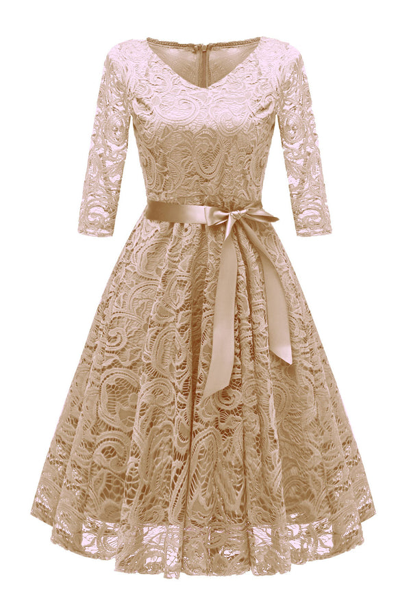 Long Sleeves Bow Short Pink Party Dress with Lace