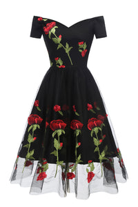 black dress with red flowers I.H.F LONG SLEEVES GOWN DRAPPED ROSES lace up back or zipper back are all available 1980's Black with red roses