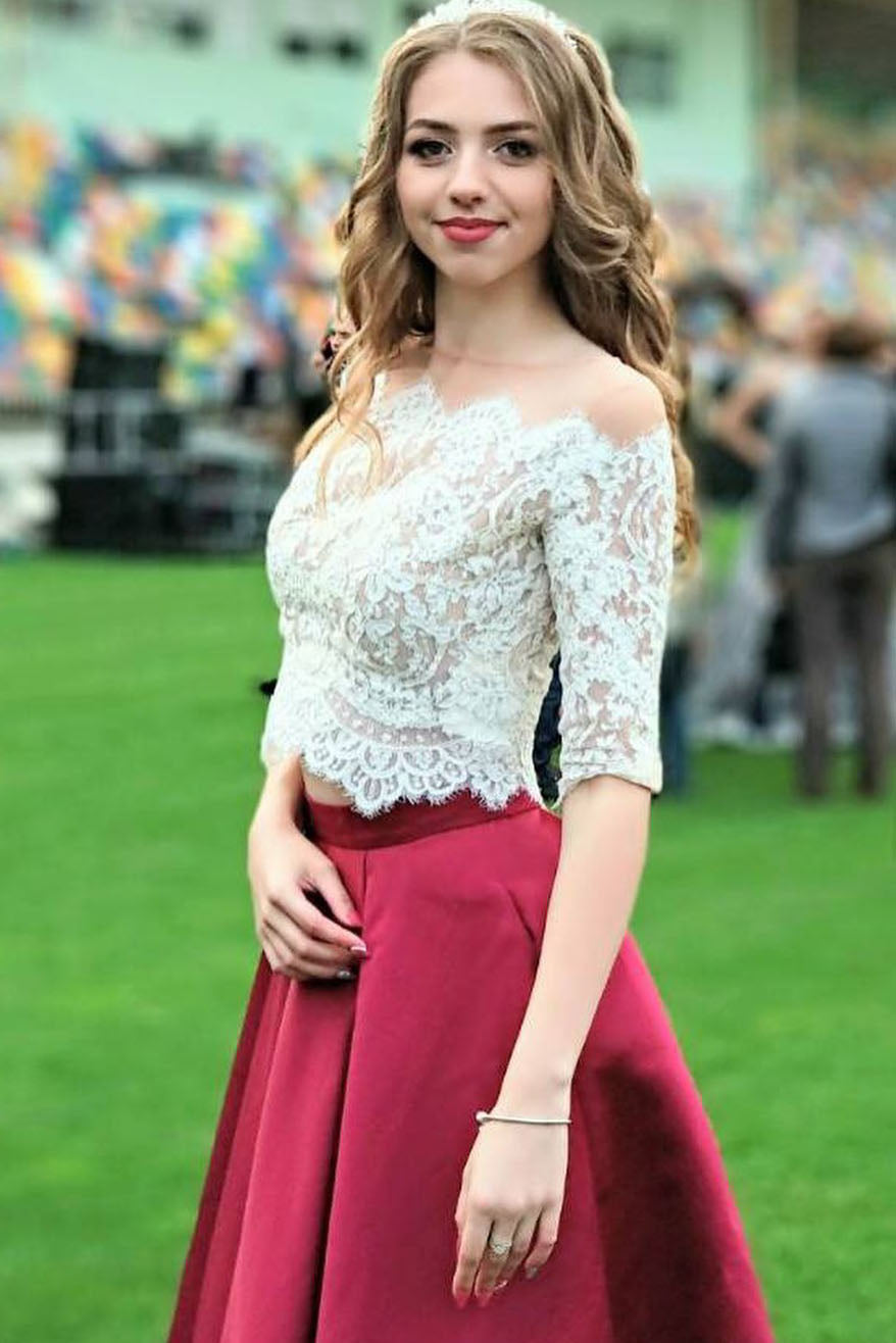 Two Piece Burgundy Long Prom Dress with White Lace Top FancyVestido Two Piece Burgundy Long Prom Dress with White Lace Top FancyVestido