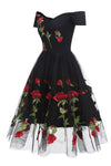 Retro Off the Shoulder Tulle Black Party Dress with Flowers