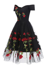 Retro Off the Shoulder Tulle Black Party Dress with Flowers