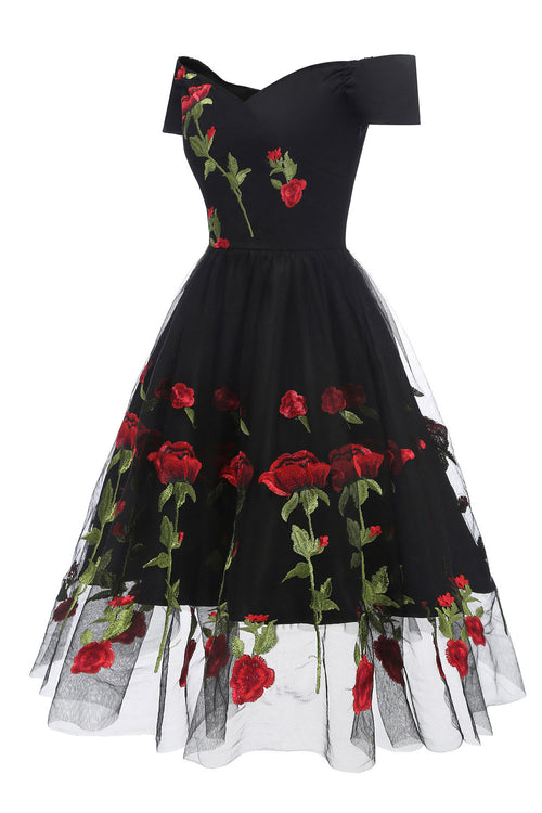 Retro Off the Shoulder Tulle Black Party Dress with Flowers