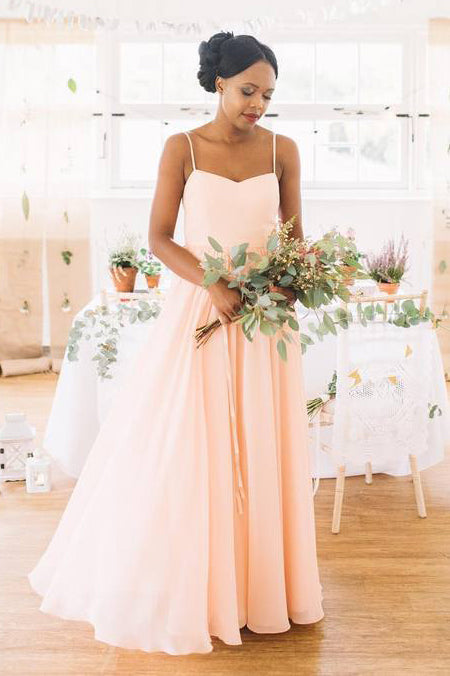 Simple Pink Straps Long Bridesmaid Wedding Party Dress