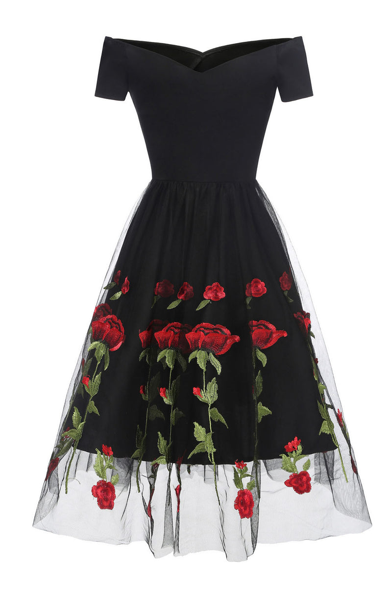 Retro Off the Shoulder Tulle Black Party Dress with Flowers