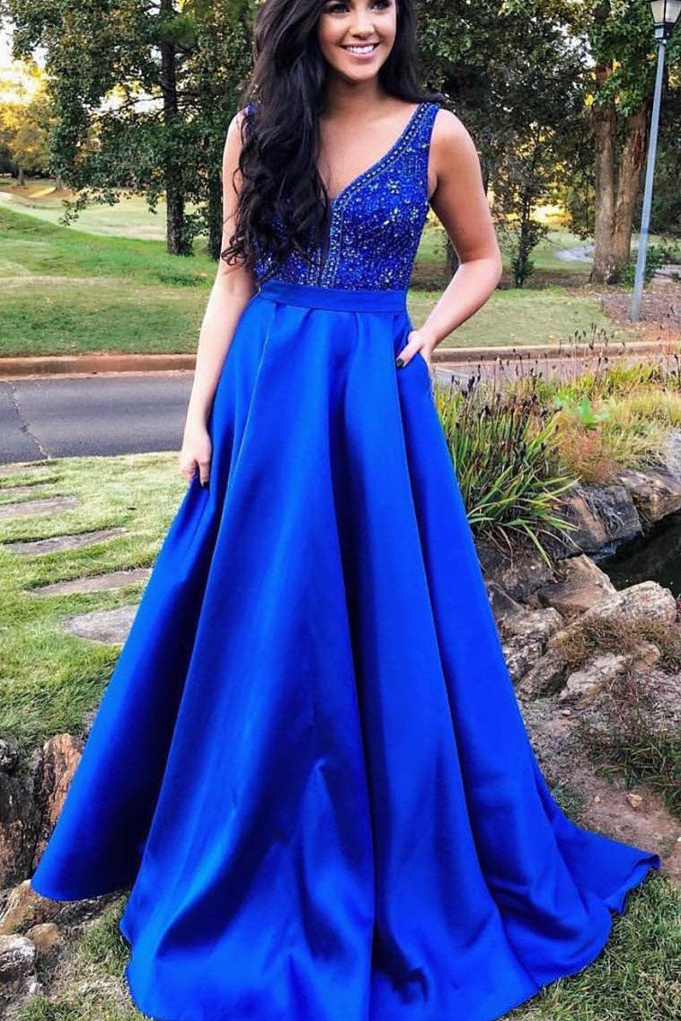 Royal Blue Beaded Bodice Satin Prom Dress with Pockets FancyVestido Royal Blue Beaded Bodice Satin Prom Dress with Pockets FancyVestido