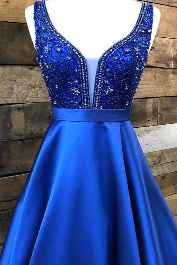 Royal Blue Beaded Bodice Satin Prom Dress with Pockets